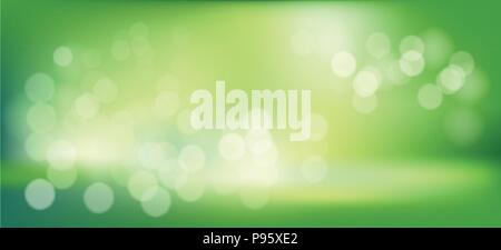 Vector natural fresh spring or summer green abstract blur bokeh background with blurry white circles. Vector rectangle illustration, banner, poster, t Stock Vector