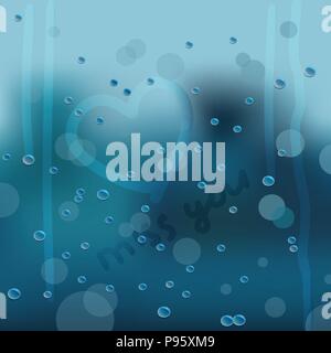 Square vector illustration, poster, banner, template of rainy window with falling droplets, finger painted heart and text miss you. Stock Vector