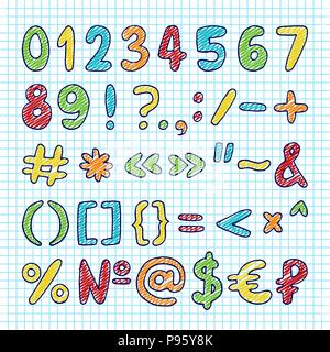 Vector hand drawn set of numbers, punctuation marks and special symbols Stock Vector