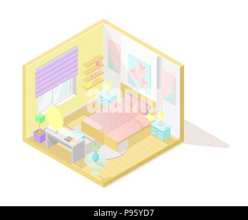 Vector isometric low poly cutaway interior illustartion. Bedroom Stock Vector