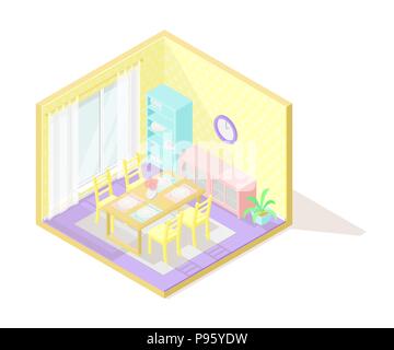 Vector isometric low poly cutaway interior illustartion. Dining room Stock Vector