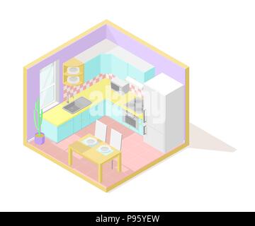 Vector isometric low poly cutaway interior illustartion. Kitchen Stock Vector