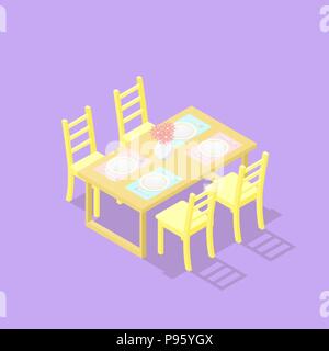 Low poly isometric dining table with chairs. Realistic icon. Table with plates and flowers in the vase Stock Vector
