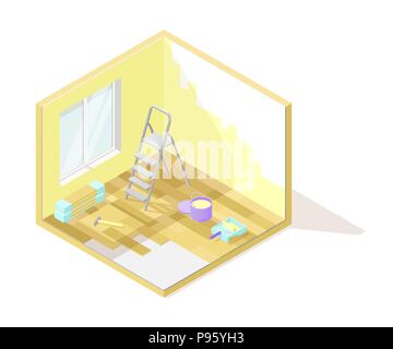 Vector isometric low poly cutaway interior illustartion. Room renovation with ladder, paint, hammer and other tools Stock Vector