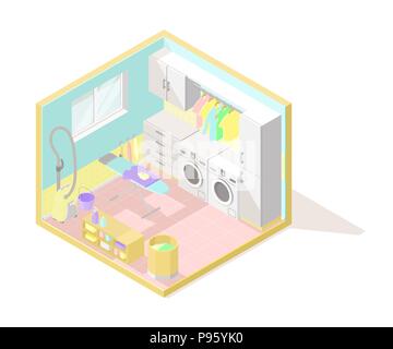Vector isometric low poly cutaway interior illustartion. Utility and laundry room with washers, cupboards, ironing board and other furniture Stock Vector