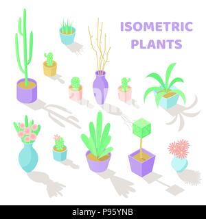 Set of vector isometric plants and flowers icons. Interior decoration. Different types of gardening objects Stock Vector