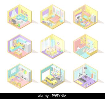 Vector big set of isometric home interiors -living room, bed room, kids room, kitchen, bath, garage and other in pastel colors Stock Vector