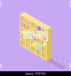 Low poly isometric bookcase. Realistic icon. Isolated furniture illustration. Book shelves for living room, library or class room Stock Vector