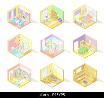 Vector big set of isometric home interiors - living room, bed room, working room, kitchen, bath, wardrobe and other in pastel colors Stock Vector