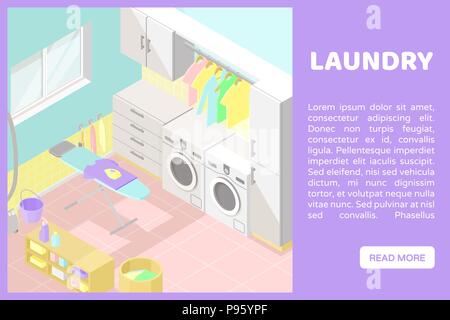 Vector isometric low poly cutaway interior illustartion. Utility and laundry room with washers, cupboards, ironing board and other furniture. Banner f Stock Vector