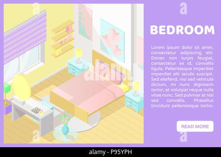 Vector isometric low poly cutaway interior illustartion. Bedroom with bed, dressing table, nightstand and other furniture in pastel colors. Banner for Stock Vector