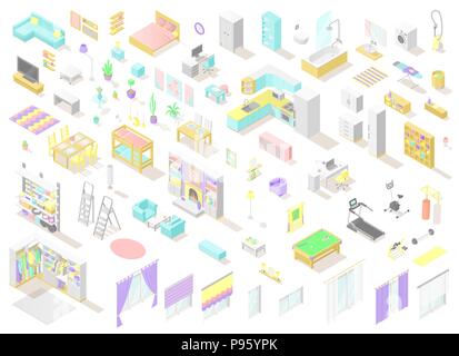 Vector big set of low poly isometric furniture and decoration for home interiors - living room, bedroom, kids room, bath, kithen, laundry and other in Stock Vector