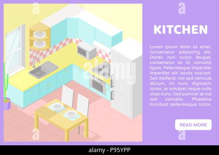 Vector isometric low poly cutaway interior illustartion. Kitchen with cupboards, table, fridge and other furniture and appliences in pastel colors. Ba Stock Vector