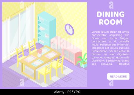 Vector isometric low poly cutaway interior illustartion. Dining room with table, chairs, cupboards and other furniture. Banner for a web site with pla Stock Vector