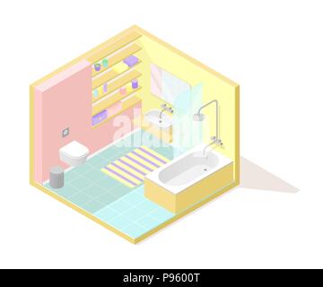 Vector isometric low poly cutaway interior illustartion. Bathroom Stock Vector