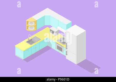Low poly isometric kitchen set Stock Vector