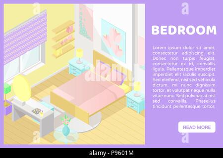 Vector isometric low poly cutaway interior illustartion. Bedroom. Banner for a web site Stock Vector