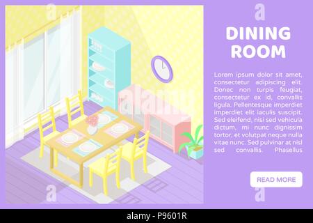 Vector isometric low poly cutaway interior illustartion. Dining room. Stock Vector