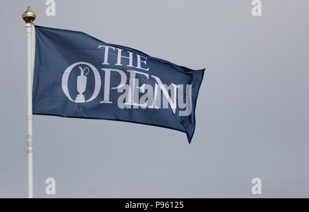 The open flag flying on day one of The Open Championship 2018 at Carnoustie Golf Links, Angus. Stock Photo