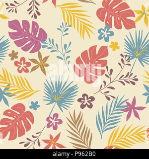 vector abstract seamless pattern with wild tropical plants and flowers Stock Vector