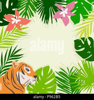 vector frame with tropical leaves, flowers and tiger Stock Vector