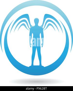 Vector Illustration of a Blue Man with Wings Icon Stock Vector