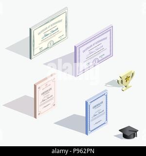 Isometric icons. Different certificates and graduation cap with shadow Stock Vector