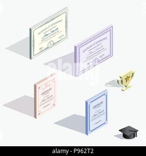 Isometric icons. Different certificates and graduation cap with shadow. Stock Vector