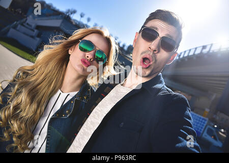 Happy young couple in love takes a selfie portrait. Stock Photo