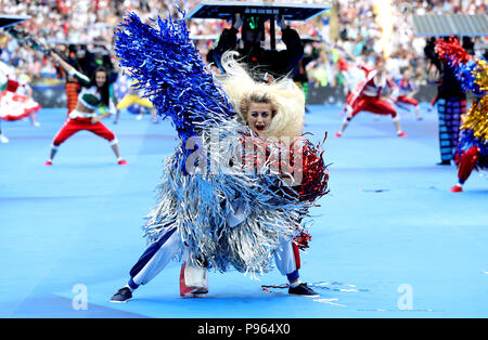 Performers take part in the closing ceremony during the FIFA World Cup Final at the Luzhniki Stadium, Moscow. Stock Photo