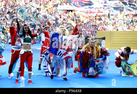 Performers take part in the closing ceremony during the FIFA World Cup Final at the Luzhniki Stadium, Moscow. Stock Photo