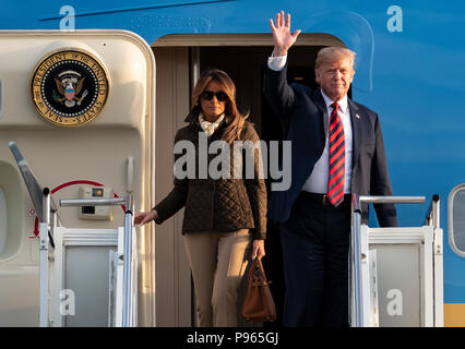 Prestwick Airport, Scotland, UK. 13 July, 2018. President Donald Trump arrives on Air Force One at Prestwick Airport in Ayrshire ahead of a weekend at