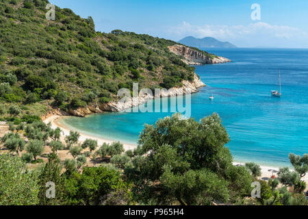 Yacht at anchor at Filiatro beach. On the East coast of the  island of Ithaca, Ionian Sea, Greece Stock Photo