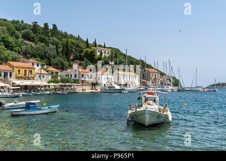 Fishing boats in the harbour at the village of Kioni on the north eastern side of the island of Ithaca, Ionian Sea, Greece Stock Photo