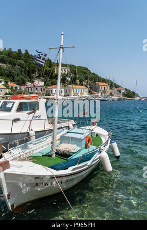 Fishing boats in the harbour at the village of Kioni on the north eastern side of the island of Ithaca, Ionian Sea, Greece Stock Photo