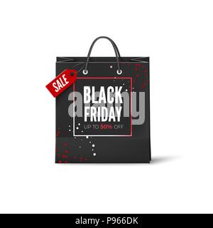 Black Friday. Sale advertisement banner. Black bag with text - Black Friday. Special offer Sale poster. Vector illustration isolated on white backgrou Stock Vector