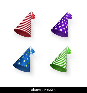 Birthday hat set. Colorful Birthday hats with geometric patterns circles stripes and stars. Vector illustration isolated on white background Stock Vector