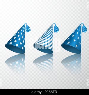 Set of Blue Birthday hat. Birthday paper cone cap set. Vector illustration isolated on transparent background Stock Vector