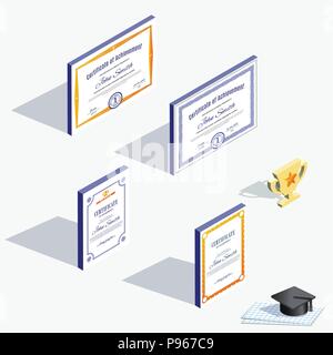 Isometric icons. Different official bright certificates and graduation cap with shadow Stock Vector