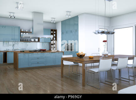 A new, modern, blue, shaker style designer kitchen showing ...