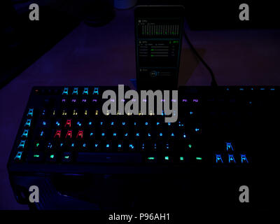 rgb lighted gaming keyboard with smartphone connection focus Stock Photo