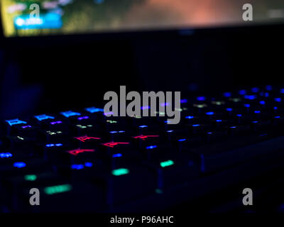 WASD gaming keyboard rgb lighting many colors focus Stock Photo