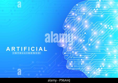 Futuristic Artificial Intelligence and Machine Learning Concept.. Human Big Data Visualization. Wave Flow Communication, Scientific vector illustration. Stock Vector