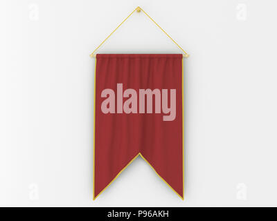 Red  pennant (pennon or pendant) hanging on a white wall. Include clipping path. 3d illustration Stock Photo