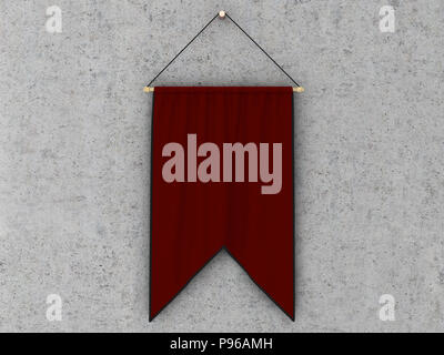 Red  pennant (pennon or pendant) hanging on a concrete wall. Include clipping path. 3d illustration Stock Photo
