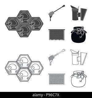 A frame with honeycombs, a ladle of honey, a fumigator from bees, a jar of honey.Apiary set collection icons in black,outline style vector symbol stoc Stock Vector