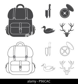 Knife with a cover, a duck, a deer horn, a compass with a lid.Hunting set collection icons in black,outline style vector symbol stock illustration . Stock Vector