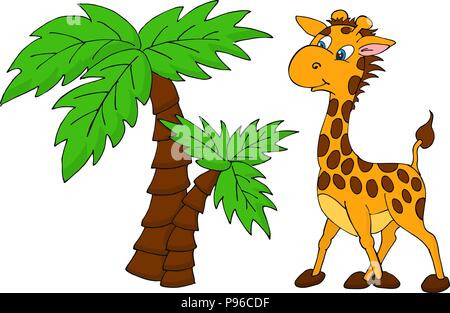 Cute Giraffe and palm tree. Raster illustration Stock Photo