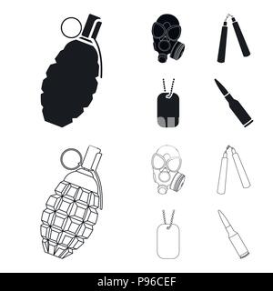 Gas mask, nunchak, ammunition, soldier token. Weapons set collection icons in black,outline style vector symbol stock illustration . Stock Vector
