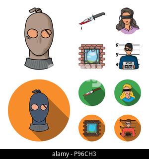 A thief in a mask, a bloody knife, a hostage, an escape from prison.Crime set collection icons in cartoon,flat style vector symbol stock illustration  Stock Vector